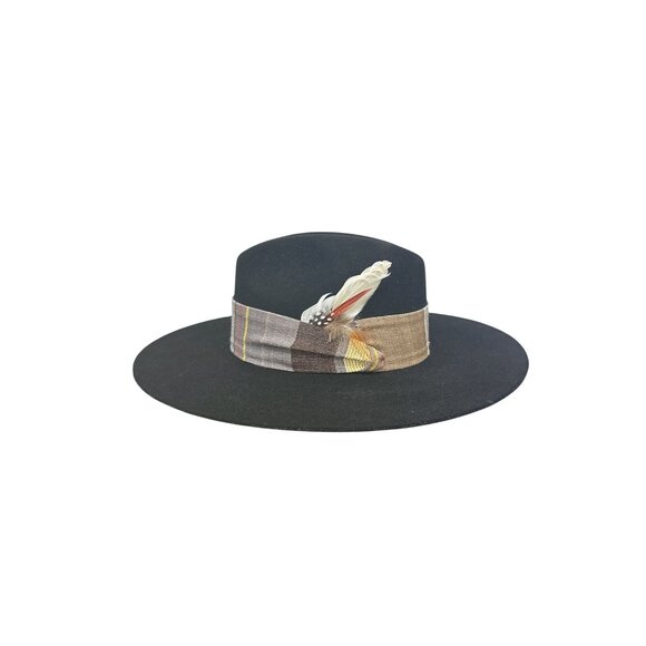 The Power Hat CO. Black Felt Wide Brim Hat w/Multicolor Band & Feather Accent - Picture 1 of 5